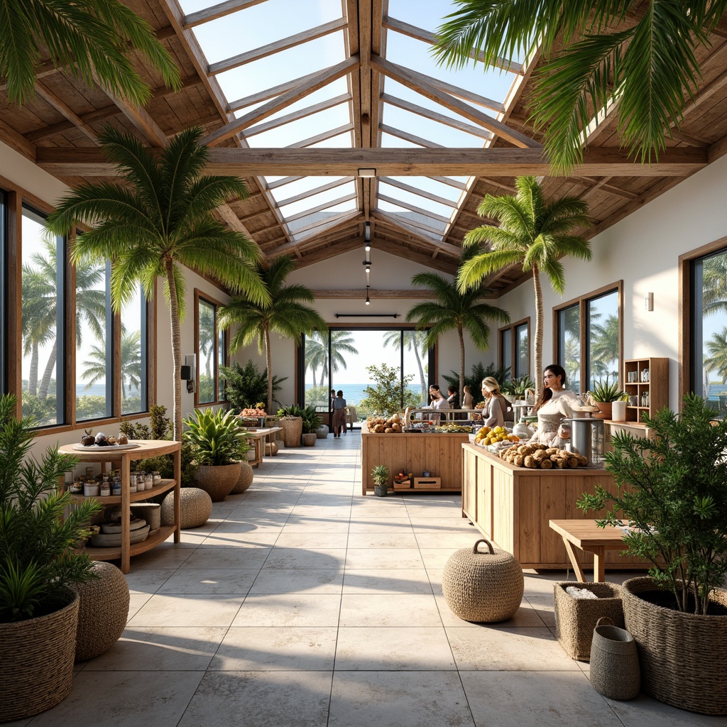 Prompt: Coastal-themed grocery store, ocean-inspired color palette, weathered wood accents, natural stone flooring, large windows, skylights, clerestory windows, soft warm lighting, minimal artificial lighting, nautical rope details, woven sea grass baskets, driftwood shelves, beachy vibe, airy open layout, abundant greenery, potted palm trees, hanging ferns, sunny day, shallow depth of field, 1/1 composition, realistic textures, ambient occlusion.