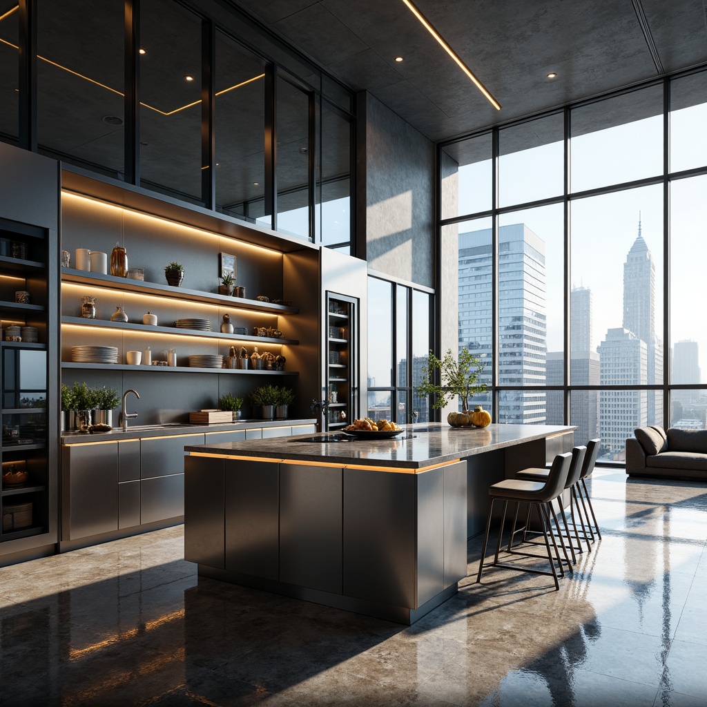 Prompt: Futuristic kitchen island, sleek metallic countertops, high-gloss cabinets, LED ambient lighting, minimalist decor, open shelving units, polished chrome fixtures, ergonomic seating areas, interactive cooking stations, holographic displays, smart home integration, automated storage systems, induction cooktops, transparent glass backsplashes, natural stone flooring, urban cityscape views, modern skyscraper architecture, sunny morning light, shallow depth of field, 3/4 composition, panoramic view, realistic reflections, ambient occlusion.