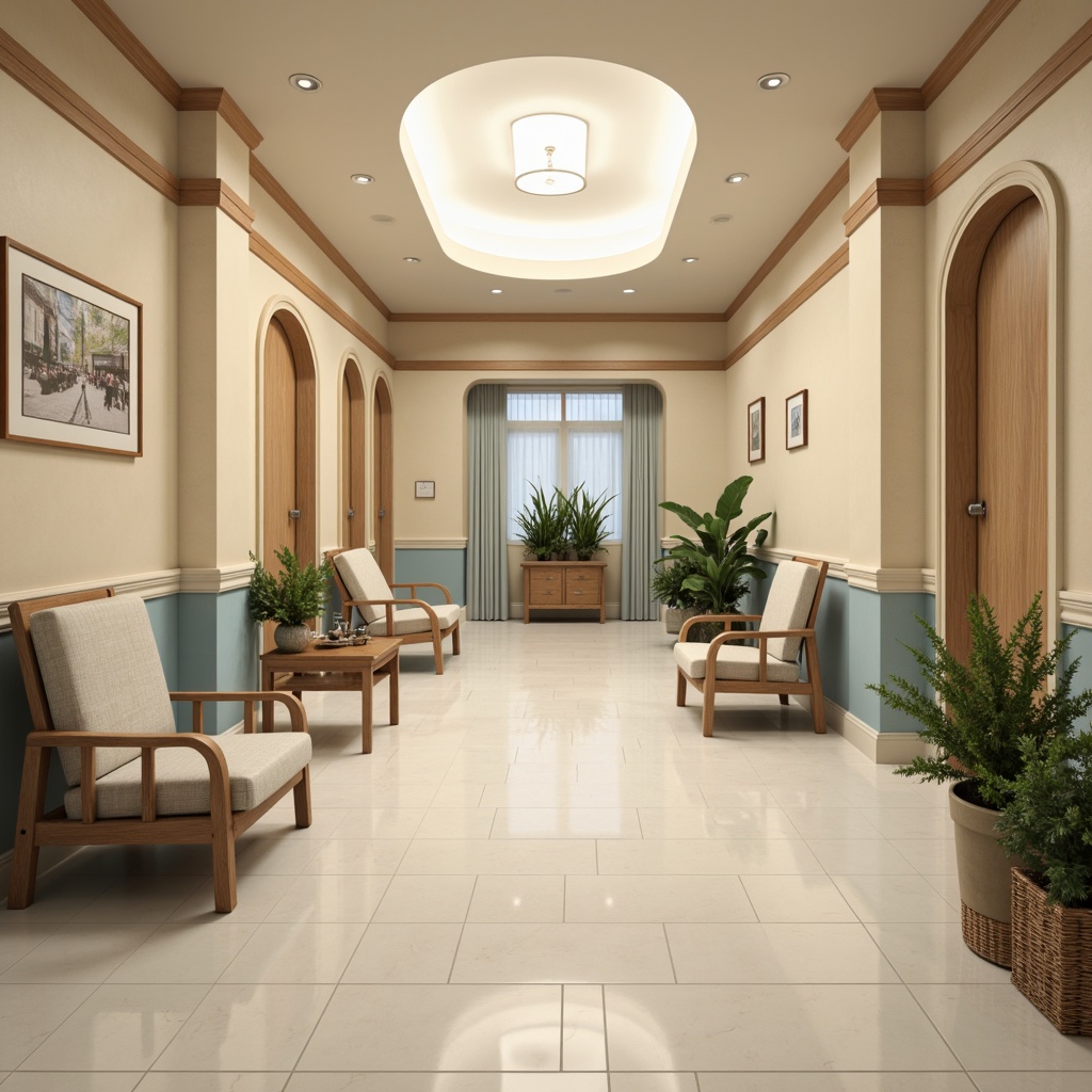 Prompt: Soft beige walls, warm cream-colored floors, calming blue accents, natural wood tones, soothing greenery, gentle curves, ornate moldings, classic columns, elegant archways, traditional furniture, plush patient rooms, serene waiting areas, peaceful nurse stations, softbox lighting, warm overhead lighting, subtle shading, 1/1 composition, realistic textures, ambient occlusion.