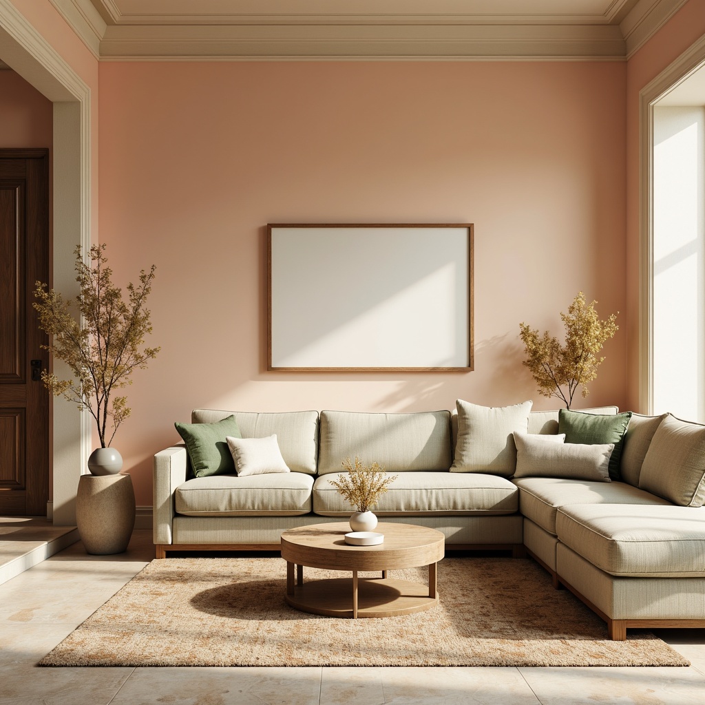 Prompt: Soft peach walls, creamy white trim, rich walnut furniture, muted sage accents, warm beige carpets, natural stone flooring, delicate floral patterns, subtle gradient effects, gentle golden lighting, shallow depth of field, 2/3 composition, realistic textures, ambient occlusion.