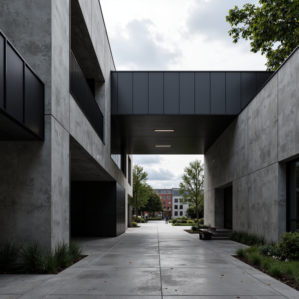 Prompt: Geometric entryway, bold black lines, rectangular forms, industrial materials, raw concrete walls, metallic accents, minimalist decor, functional design, monochromatic color scheme, stark lighting, high-contrast shadows, dramatic archways, cantilevered roofs, asymmetrical compositions, abstract patterns, brutalist architecture, urban landscape, cloudy sky, harsh daylight, deep depth of field, 1/1 composition, realistic rendering.