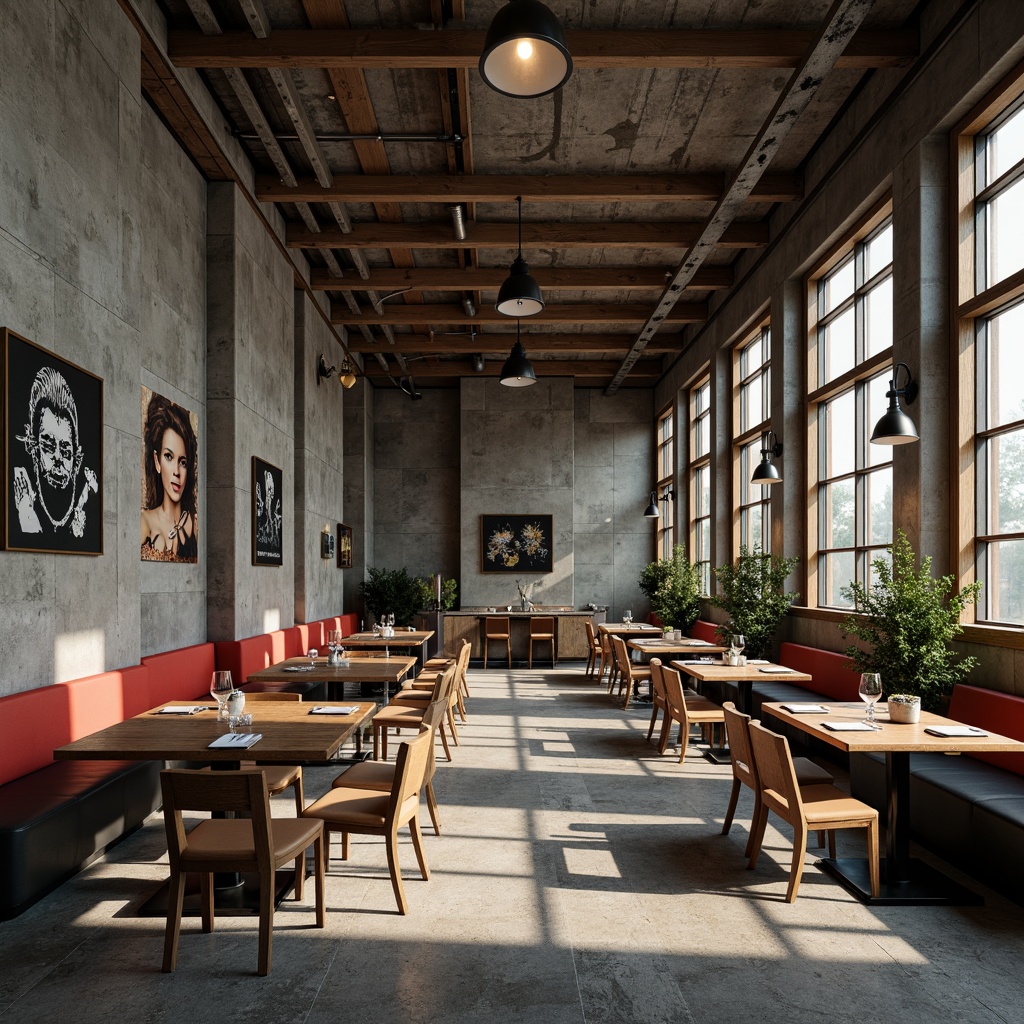 Prompt: Rugged brutalist dining hall, exposed concrete walls, rough-hewn stone floors, industrial metal beams, minimalist lighting fixtures, bold color accents, distressed wood furniture, urban graffiti murals, metallic chair legs, raw unfinished textures, dramatic high ceilings, angular architectural lines, moody atmospheric lighting, 1/1 composition, realistic material reflections.