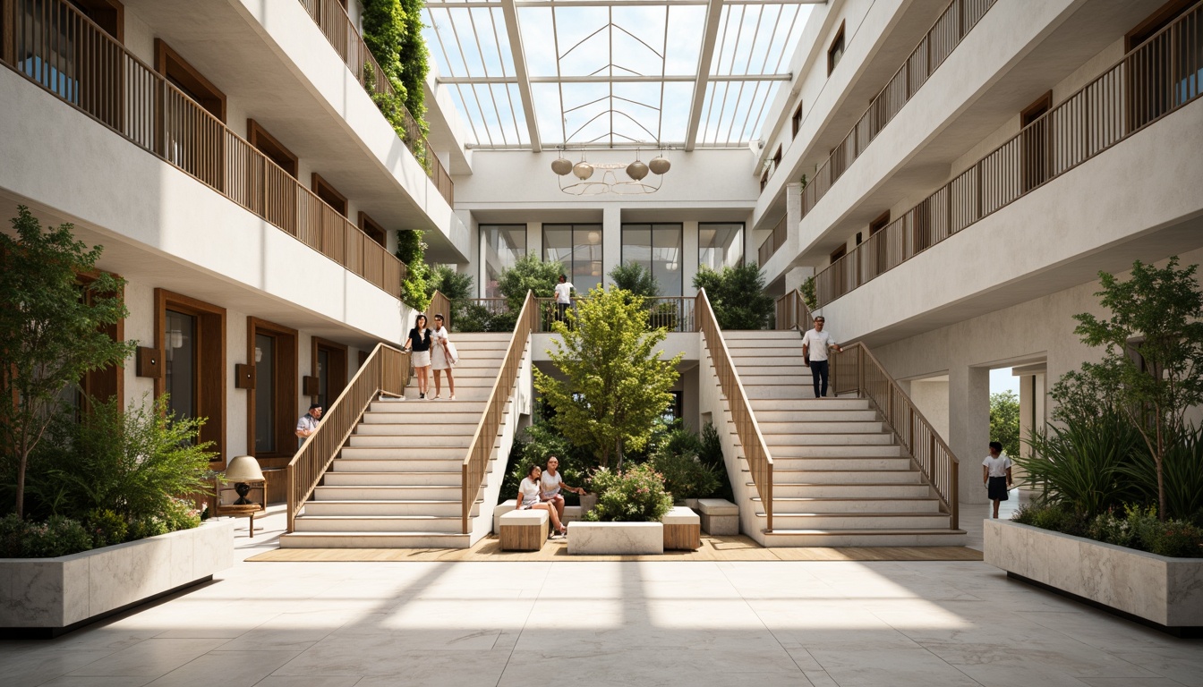 Prompt: Grand atrium, sweeping staircase, polished marble floors, elegant railings, spacious landings, natural light pouring in, modern minimalist decor, sleek metal handrails, floating wood steps, open risers, airy feel, high ceiling, vertical garden walls, lush greenery, wooden accents, comfortable seating areas, warm lighting, shallow depth of field, 1/1 composition, realistic textures, ambient occlusion.