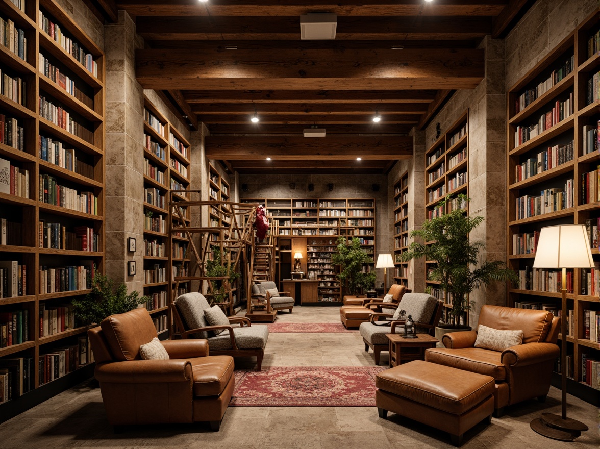 Prompt: Rustic library interior, wooden shelving units, reclaimed wood accents, earthy color palette, cozy reading nooks, vintage book collections, distressed leather armchairs, warm floor lamps, natural stone flooring, exposed brick walls, wooden ceiling beams, ladder bookcases, metal lanterns, rich textiles, comfortable seating areas, soft warm lighting, shallow depth of field, 1/1 composition, realistic wood textures, ambient occlusion.