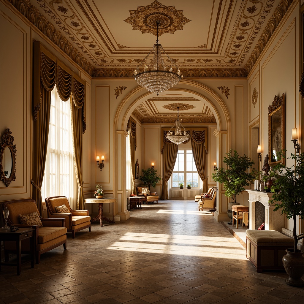 Prompt: Ornate palace, intricately carved moldings, gilded accents, luxurious fabrics, opulent furnishings, curved lines, shell motifs, foliage patterns, acanthus leaves, floral ornaments, ornamental mirrors, crystal chandeliers, lavish decorations, soft golden lighting, warm beige tones, highly detailed textures, shallow depth of field, 2/3 composition, romantic atmosphere.