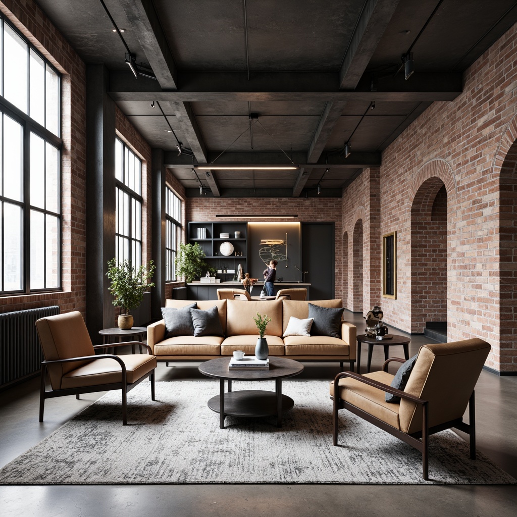 Prompt: Industrial loft atmosphere, exposed brick walls, metal beams, reclaimed wood accents, sleek low-profile furniture, minimalist decor, monochromatic color scheme, functional lighting, urban chic textiles, distressed leather upholstery, polished steel frames, geometric patterns, Scandinavian-inspired simplicity, airy open space, abundant natural light, softbox lighting, 1/1 composition, shallow depth of field.