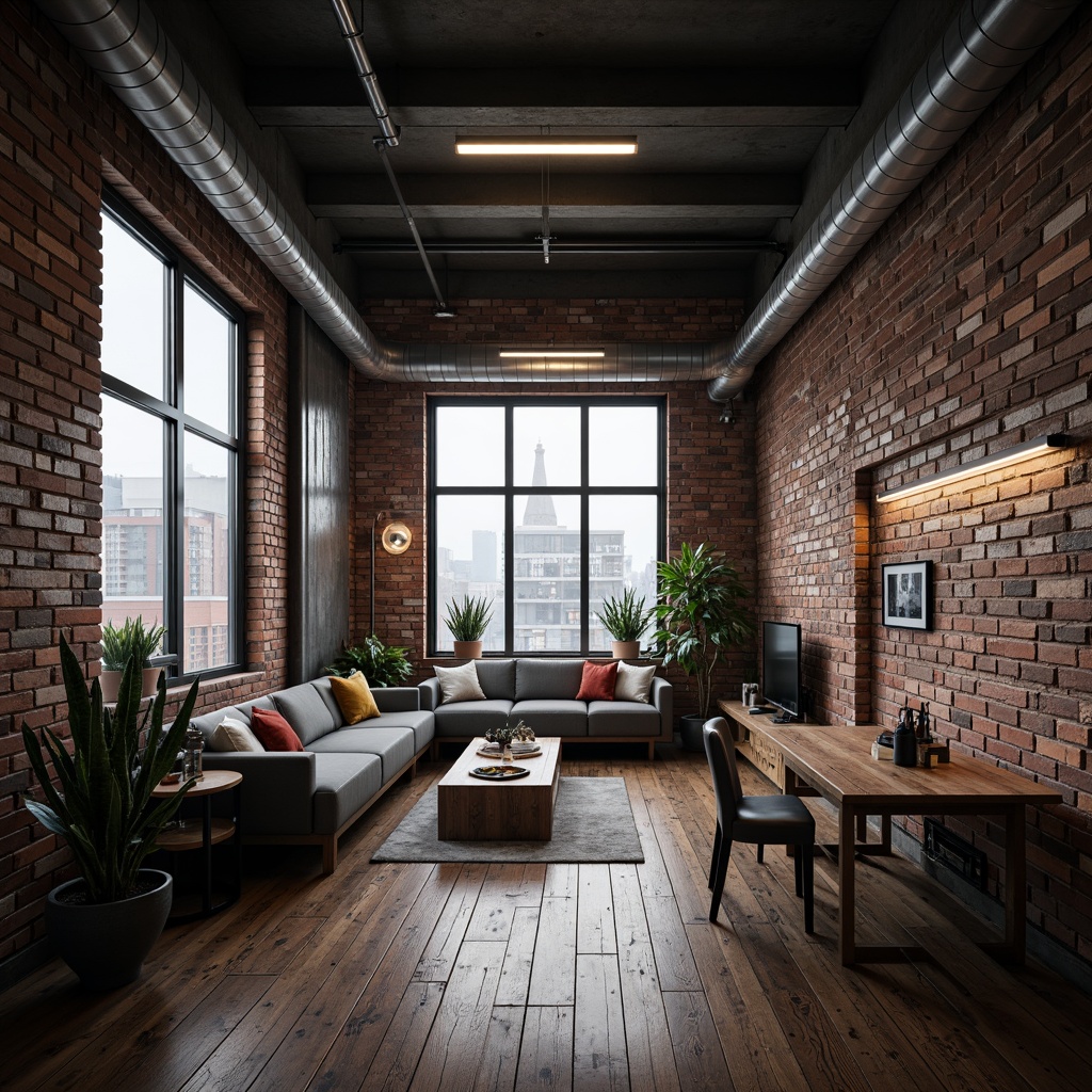 Prompt: Exposed brick walls, metal beams, reclaimed wood floors, industrial-style lighting fixtures, urban cityscape views, converted warehouses, modern loft apartments, minimalist decor, functional piping systems, concrete ceilings, distressed finishes, edgy architectural lines, rustic textures, moody color schemes, atmospheric misting effects, 3/4 composition, high-contrast lighting, cinematic depth of field.