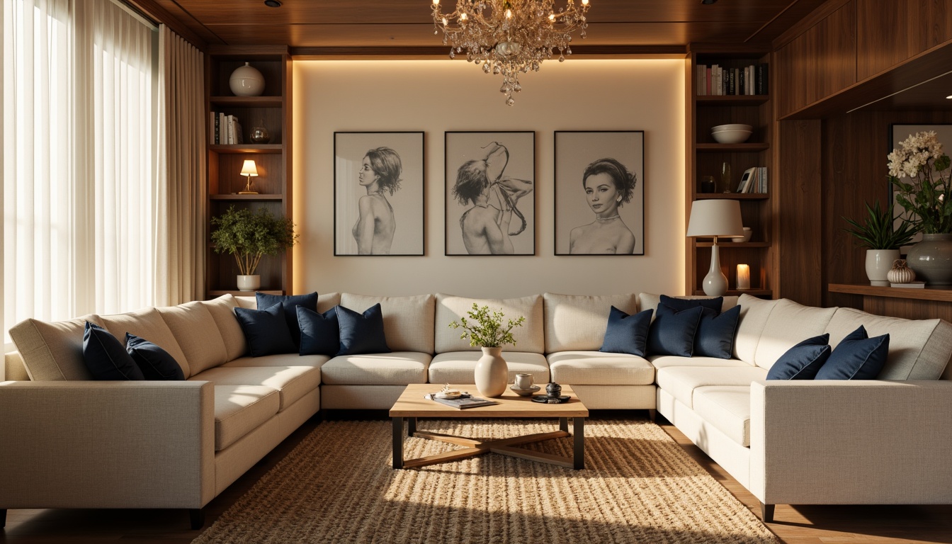 Prompt: Cozy living room, warm beige walls, rich walnut wood furniture, plush cream-colored sofas, soft golden lighting, velvety dark blue accents, natural fiber rugs, elegant modern chandeliers, subtle texture variations, inviting atmosphere, shallow depth of field, 1/1 composition, realistic render, ambient occlusion.