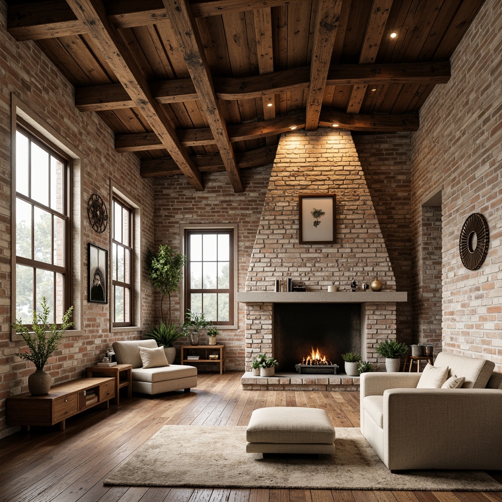 Prompt: Weathered brick walls, distressed wooden beams, industrial metal accents, earthy tones, warm beige, soft sage green, rich walnut brown, creamy whites, vintage decorative artifacts, ornate metal fixtures, reclaimed wood flooring, rustic stone fireplaces, cozy reading nooks, large windows, natural light pouring in, warm atmospheric glow, shallow depth of field, 1/1 composition, realistic textures, ambient occlusion.