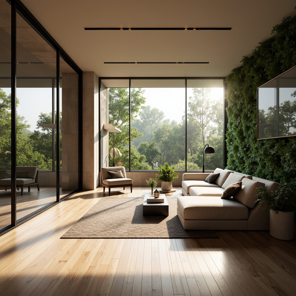 Prompt: Minimalist living room, floor-to-ceiling windows, sliding glass doors, open-plan layout, sleek wooden floors, modern sectional sofas, geometric-patterned rugs, industrial-chic lighting fixtures, greenery walls, natural ventilation systems, airy atmosphere, abundant natural light, soft warm glow, shallow depth of field, 3/4 composition, panoramic view, realistic textures, ambient occlusion.