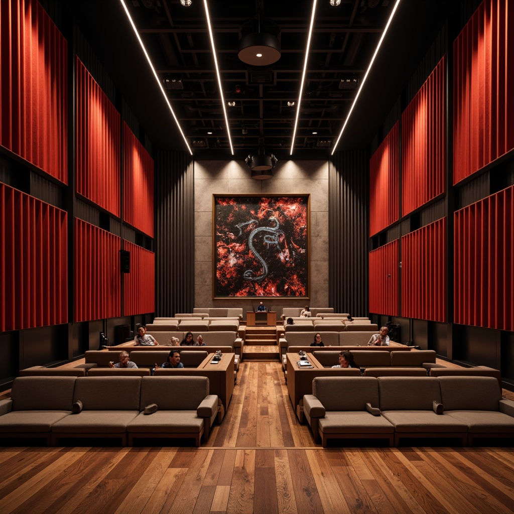 Prompt: Luxurious theater interior, rich velvet curtains, polished wooden floors, metallic accents, sleek LED lighting, minimalist seating, plush cushions, sophisticated sound systems, acoustic panels, modern concrete walls, industrial chic decor, urban loft atmosphere, dramatic spotlights, warm ambient glow, high-contrast color scheme, bold geometric patterns, abstract artwork, dynamic stage design, flexible seating arrangements.