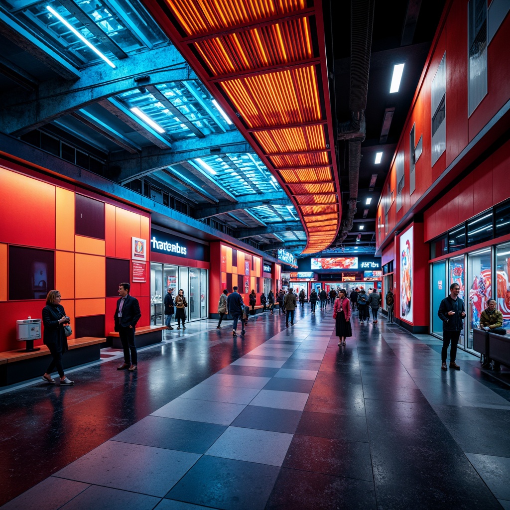 Prompt: Vibrant metro station, expressionist architecture, bold geometric shapes, bright contrasting colors, neon lights, dynamic patterns, urban jungle atmosphere, rush hour crowd, fast-paced city life, modern materials, sleek metal accents, glossy surfaces, moody lighting, deep shadows, abstract murals, futuristic vibe, 1/2 composition, dramatic angles, high-contrast colors, cinematic mood, intense ambiance.