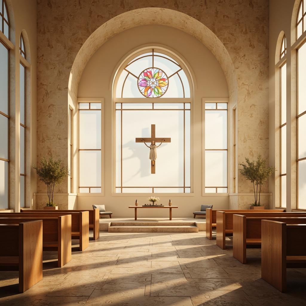 Prompt: Ethereal chapel, translucent walls, soft diffused light, minimalist decor, sacred ambiance, serene atmosphere, natural stone flooring, subtle texture patterns, warm beige tones, elegant wooden accents, stained glass windows, vibrant spiritual colors, gentle candlelight, shallow depth of field, 1/1 composition, realistic reflections, ambient occlusion.