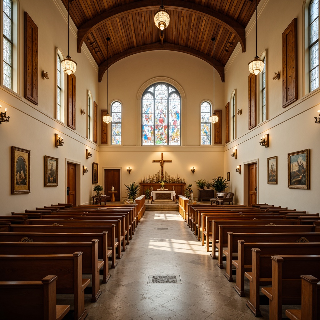 Prompt: Serene worship space, wooden pews, stained glass windows, ornate altar, reverberant acoustic panels, sound-absorbing materials, warm beige tones, soft indirect lighting, 3/4 composition, shallow depth of field, realistic textures, ambient occlusion, natural stone flooring, vaulted ceilings, elegant chandeliers, devotional artwork, peaceful ambiance.