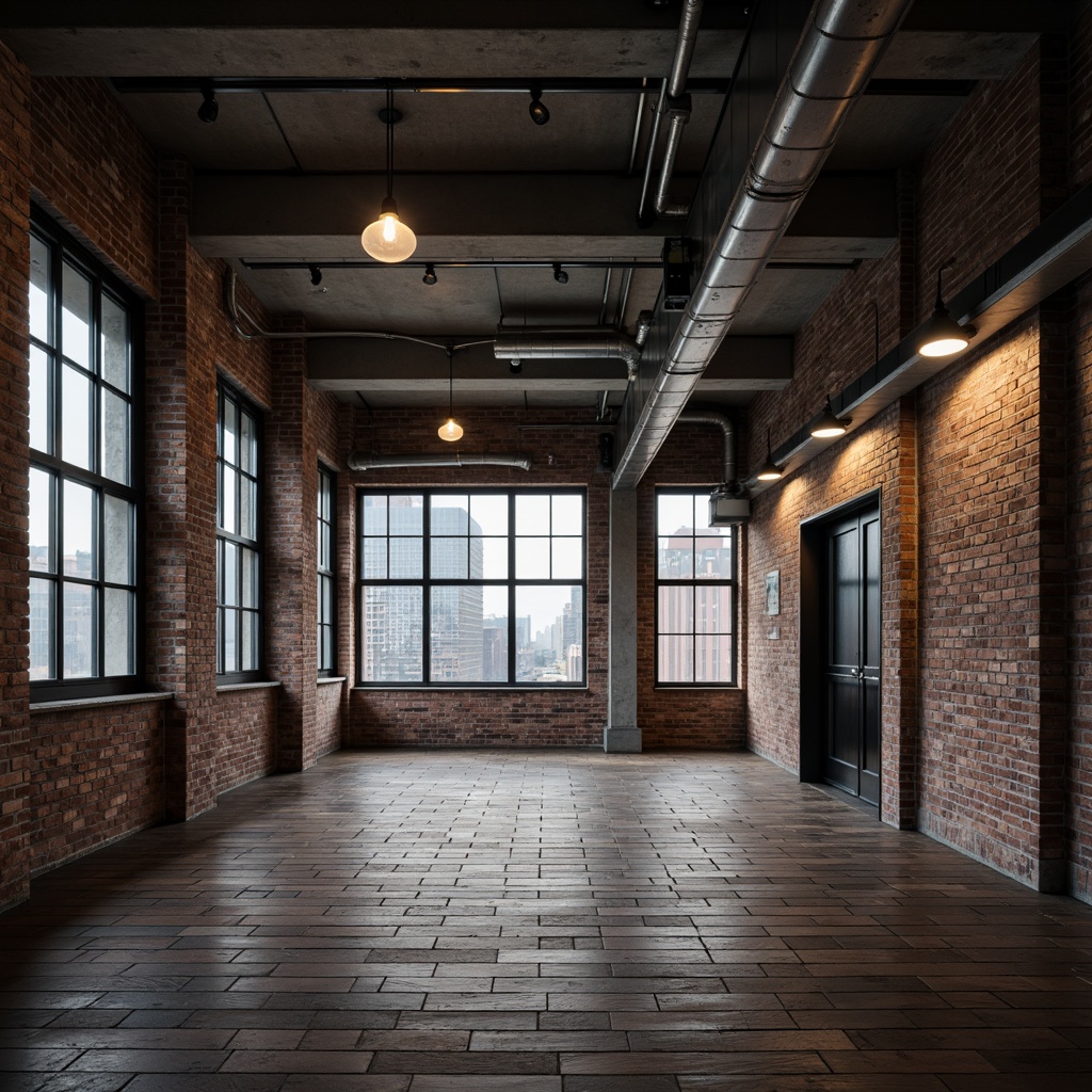 Prompt: Exposed brick walls, metal beams, reclaimed wood floors, industrial-style lighting fixtures, concrete ceilings, urban loft atmosphere, open-plan spaces, distressed finishes, edgy modern aesthetic, cityscape views, functional minimalism, steel columns, mechanical pipes, raw unfinished textures, moody color palette, dramatic shadows, low-angle photography, cinematic composition, atmospheric haze.