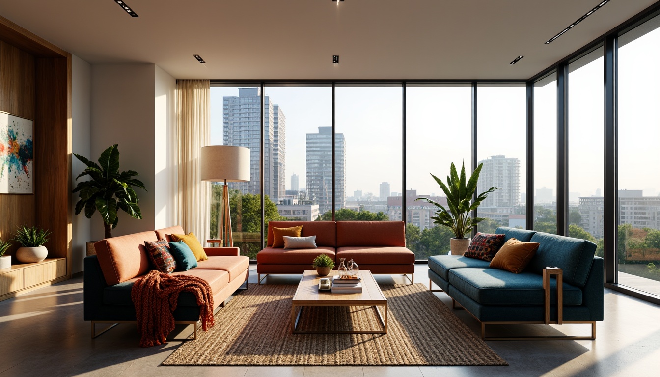 Prompt: Luxurious modern living room, sleek low-profile furniture, velvety soft sofas, chunky knit throw blankets, woven natural fiber rugs, metallic accents, polished chrome legs, floor-to-ceiling windows, cityscape views, warm ambient lighting, 1/1 composition, shallow depth of field, soft focus, vibrant colorful textiles, geometric patterns, abstract art pieces, greenery walls, potted plants, minimalist decor, Scandinavian-inspired design, eco-friendly materials.