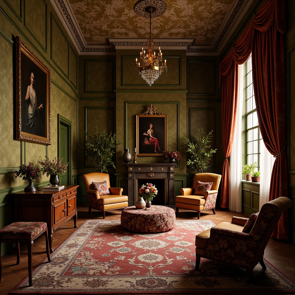 Prompt: Rich velvet fabrics, intricate floral patterns, ornate wooden furniture, lavish drapery, warm golden lighting, plush cushions, soft moss-green walls, distressed leather armchairs, vintage rugs, antique vases, heavy curtains, grand chandeliers, opulent furnishings, regal color palette, mystical ambiance, dramatic shadows, 1/2 composition, warm soft focus, realistic textures.