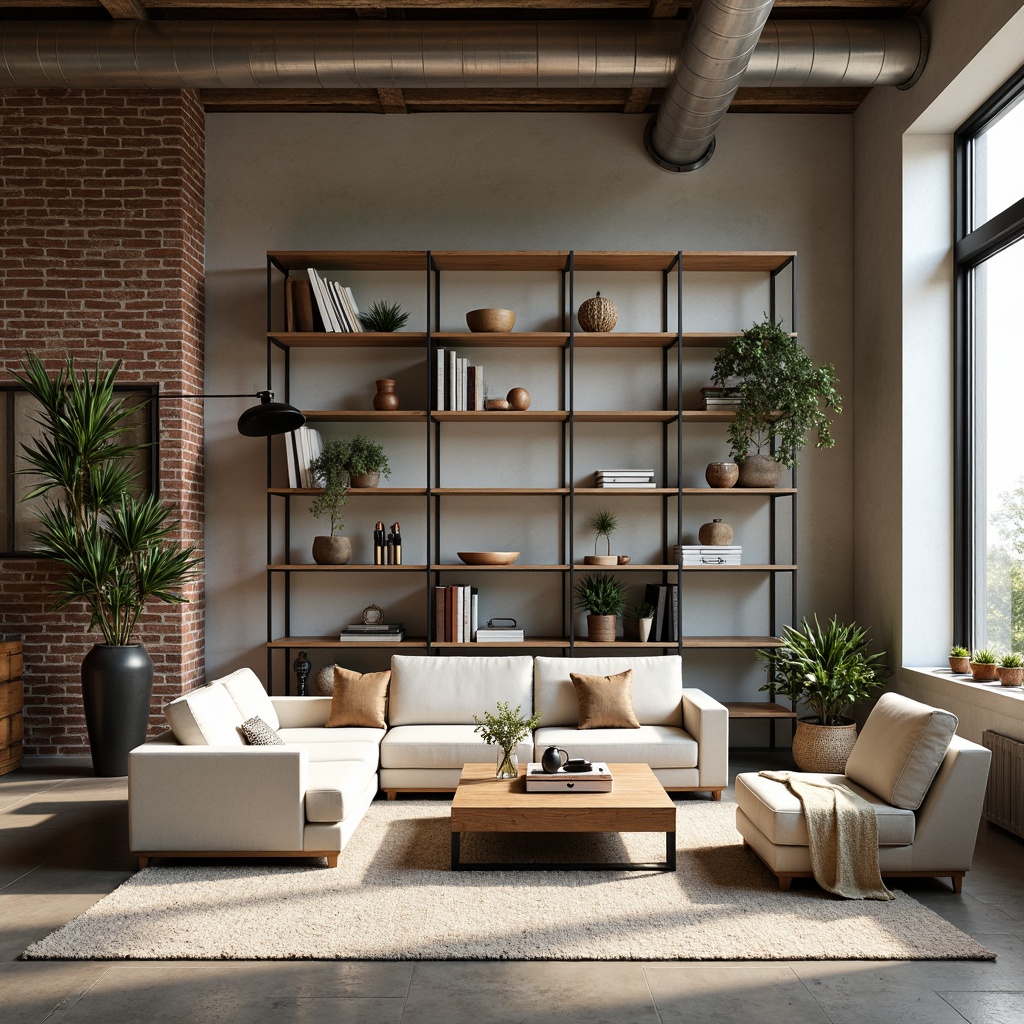 Prompt: Minimalist living room, industrial-chic aesthetic, reclaimed wood shelving units, metal frame structures, exposed brick walls, concrete floors, modern minimalist decor, greenery accents, potted plants, natural textiles, woven baskets, earthy color palette, soft warm lighting, 1/1 composition, shallow depth of field, realistic textures.