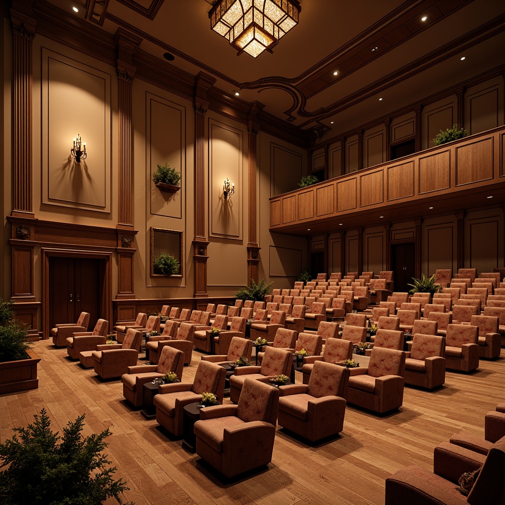 Prompt: Elegant lecture hall, rich wood paneling, comfortable seating, plush upholstery, velvet fabrics, subtle patterns, earthy tones, warm beige walls, polished wooden floors, classic architectural details, ornate chandeliers, soft diffused lighting, shallow depth of field, 1/1 composition, realistic textures, ambient occlusion.