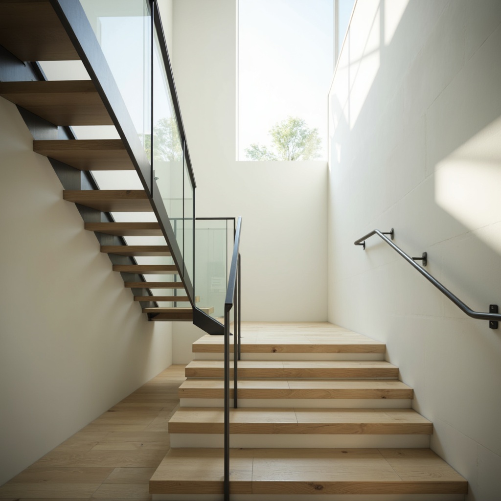 Prompt: Minimalist staircase, transparent glass railings, sleek metal handrails, open risers, floating steps, natural light pouring in, plain white walls, subtle shadowing, atmospheric ambiance, soft warm lighting, shallow depth of field, 1/1 composition, realistic reflections, ambient occlusion, clean lines, minimal ornamentation, functional simplicity, airy openness, urban loft atmosphere.