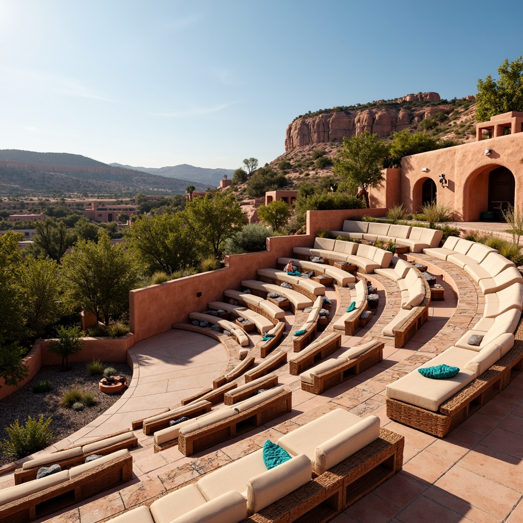 Prompt: Southwestern-style amphitheater, tiered seating, natural stone steps, curved rows, vibrant turquoise accents, earthy terracotta hues, rustic wooden benches, plush cushions, intricate geometric patterns, woven textiles, desert landscape views, sunny day, clear blue sky, gentle warm lighting, shallow depth of field, 3/4 composition, panoramic view, realistic textures, ambient occlusion.