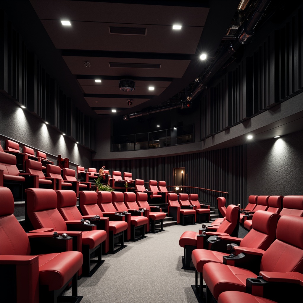 Prompt: Modern theater interior, sleek contemporary design, curved rows of seating, plush velvet chairs, metallic accents, adjustable armrests, built-in cup holders, staggered seating arrangement, open floor plan, polished concrete flooring, industrial-style lighting fixtures, exposed ductwork, minimalist decor, bold color scheme, dynamic spotlights, dramatic shadowing, 1/1 composition, low-angle shot, cinematic atmosphere, realistic materials.