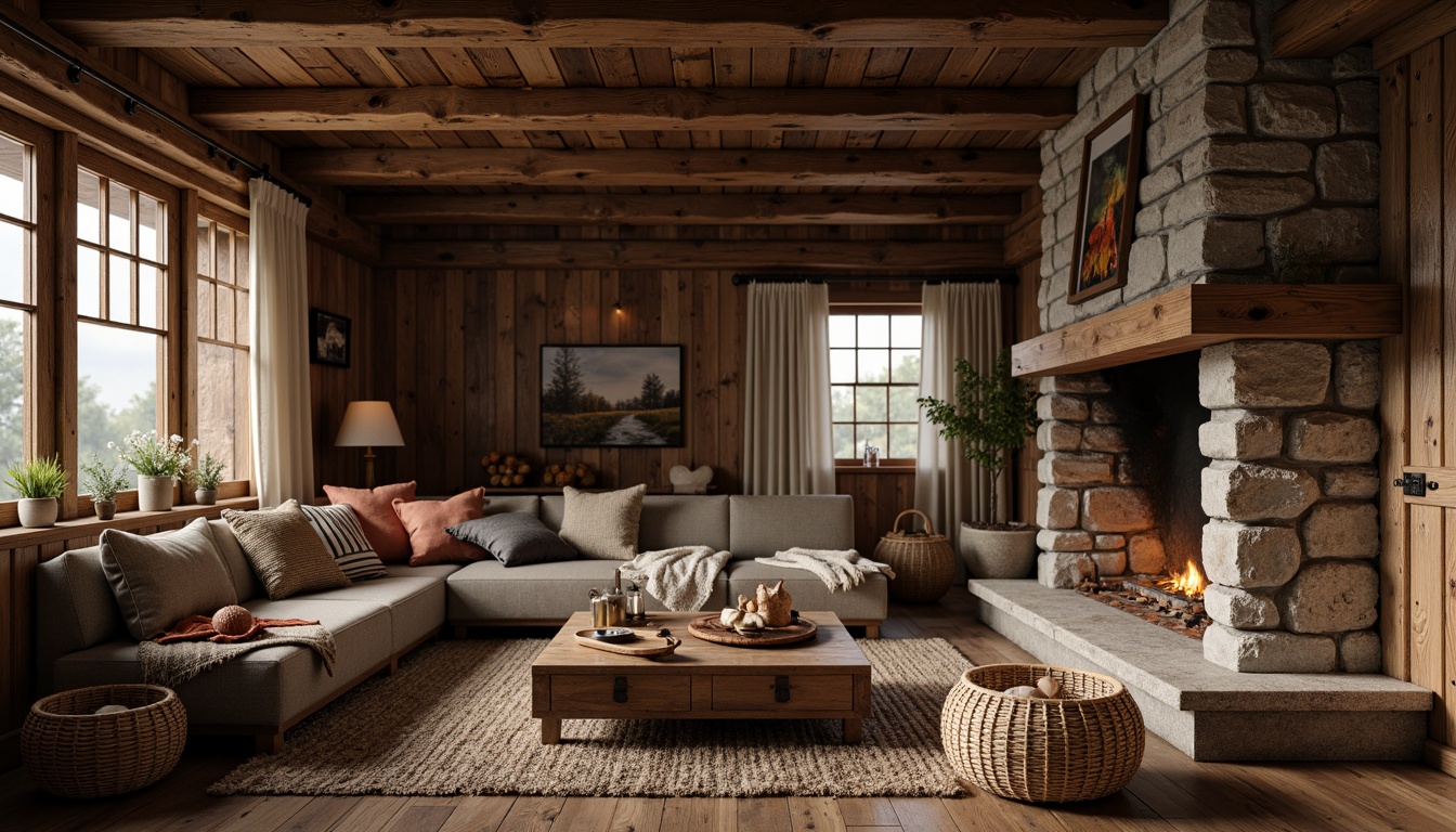 Prompt: Rustic cabin, wooden accents, distressed finishes, earthy tones, natural textiles, woven baskets, vintage decorative items, reclaimed wood furniture, stone fireplaces, cozy throw blankets, warm candlelight, soft ambient lighting, shallow depth of field, 1/1 composition, realistic textures, ambient occlusion.