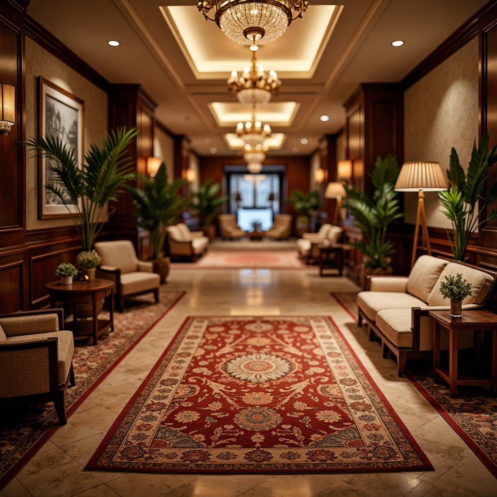 Prompt: Richly textured carpets, plush pile, warm earthy tones, classic hotel lobby, luxurious seating areas, intricately patterned rugs, ornate borders, polished marble floors, elegant wood paneling, sophisticated hospitality design, grand chandeliers, soft warm lighting, shallow depth of field, 3/4 composition, realistic textures, ambient occlusion.