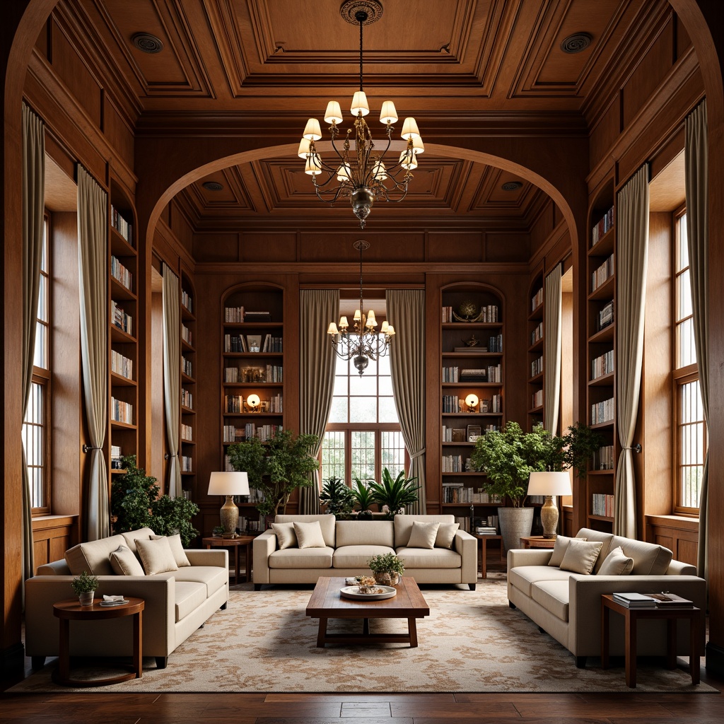 Prompt: Elegant academic building, rich wood tones, plush upholstery, sophisticated furniture, comfortable seating areas, ornate chandeliers, classic bookshelves, intricate moldings, warm beige colors, soft ambient lighting, shallow depth of field, 1/1 composition, realistic textures, subtle shadows, luxurious fabrics, button-tufted leather, velvet drapes, refined details, historic architectural elements.