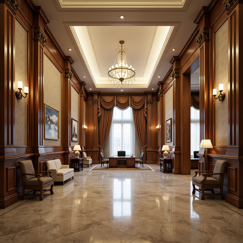 Prompt: Elegant office spaces, classical architectural elements, ornate columns, carved wooden paneling, luxurious marble flooring, grand chandeliers, stately furniture, symmetrical compositions, balanced proportions, neutral color palette, soft warm lighting, shallow depth of field, 1/2 composition, realistic textures, ambient occlusion, spacious hallways, high ceilings, majestic staircases, refined executive offices, sophisticated conference rooms, harmonious workstations.