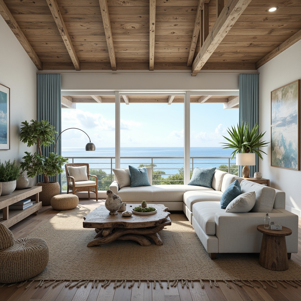 Prompt: Coastal living room, calming ocean views, driftwood coffee table, plush sectional sofa, natural linen upholstery, woven sea grass rug, reclaimed wood accents, vintage nautical decor, distressed finishes, soft blue and white color scheme, warm beachy lighting, shallow depth of field, 1/1 composition, realistic textures, ambient occlusion.