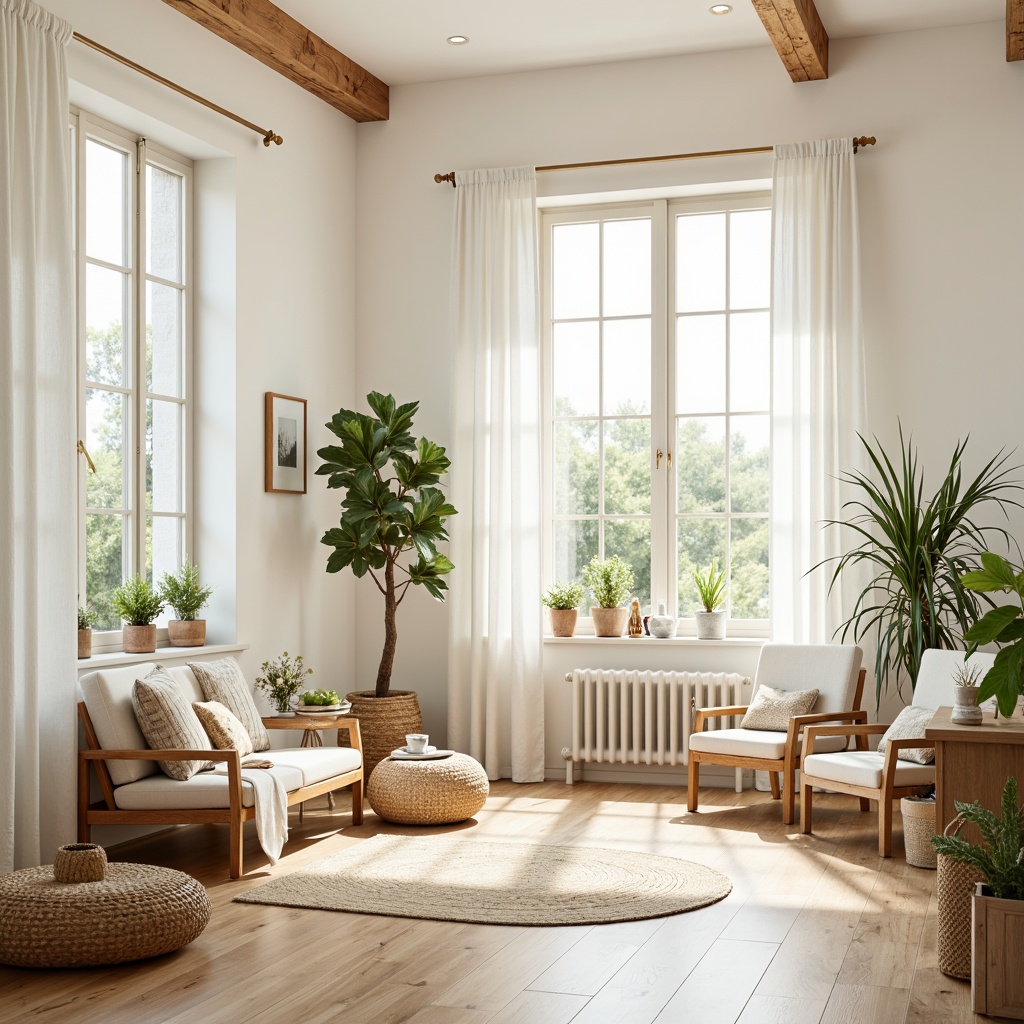 Prompt: Bright Scandinavian interior, minimal ornamentation, light-colored wood flooring, creamy white walls, floor-to-ceiling windows, sheer curtains, cozy reading nooks, natural textiles, woven baskets, potted greenery, organic shapes, soft warm lighting, airy atmosphere, shallow depth of field, 1/1 composition, panoramic view, realistic textures, ambient occlusion.