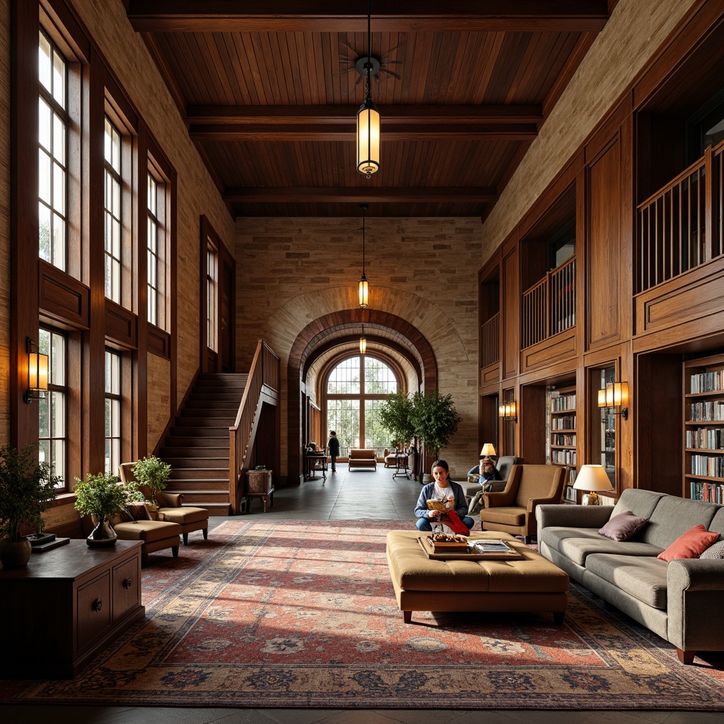 Prompt: Elegant university campus, rich wooden accents, plush upholstery, comfortable sofas, vintage armchairs, ornate coffee tables, warm earthy tones, soft carpeting, traditional architectural style, grand entrance halls, sweeping staircases, rustic stone walls, large windows, natural lighting, cozy reading nooks, classic library atmosphere, subtle texture overlays, realistic fabric simulations, warm ambient lighting, 1/1 composition, intimate framing.