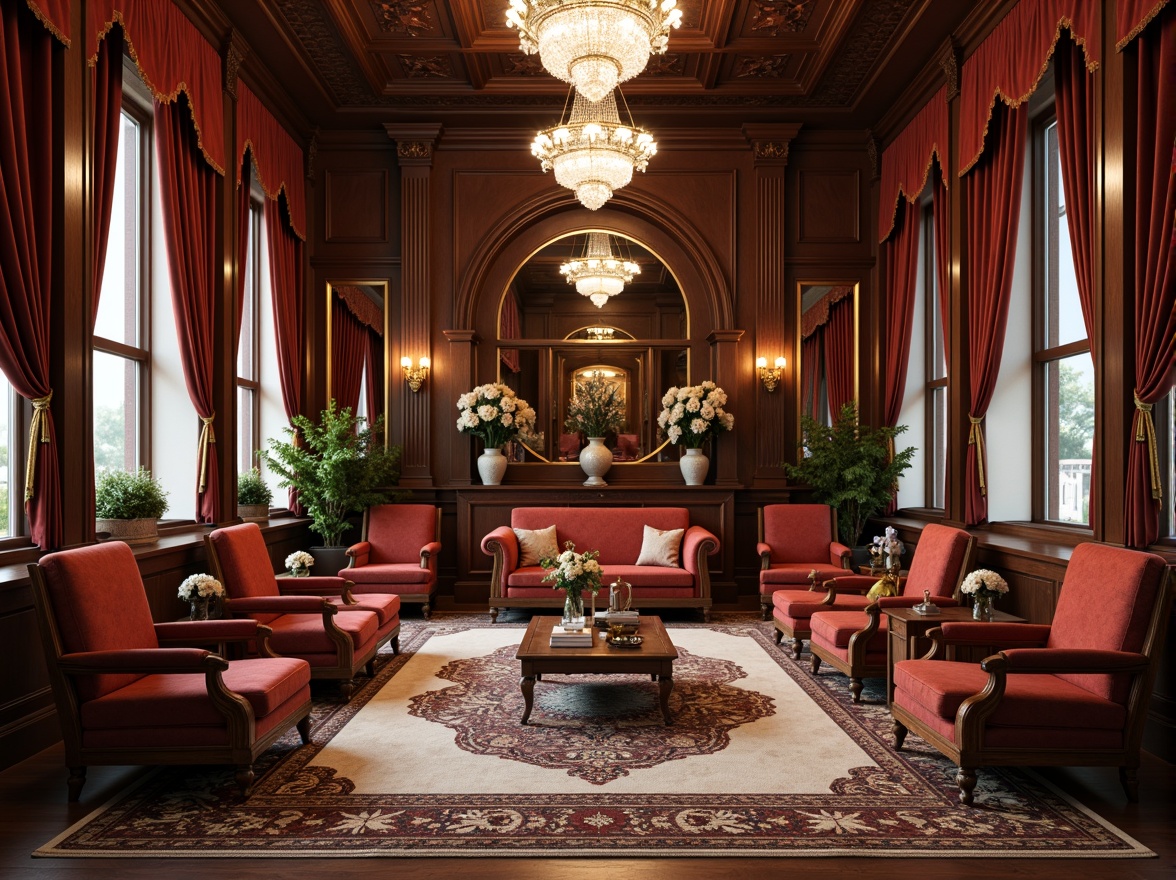 Prompt: Ornate wooden armchairs, velvet upholstery, golden accents, carved wooden legs, intricately patterned rugs, luxurious drapes, crystal chandeliers, ornamental mirrors, classic columns, symmetrical compositions, rich mahogany wood tones, subtle warm lighting, soft focus, 1/2 composition, realistic textures, ambient occlusion, elegant sofas, antique vases, decorative moldings, refined cabinetmaking.