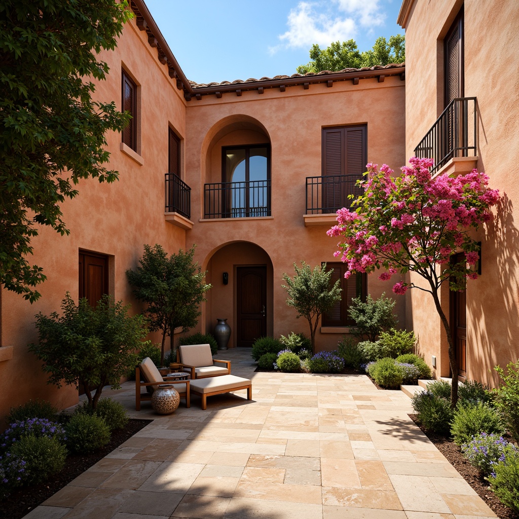 Prompt: Warm Mediterranean villa, rustic textured walls, earthy terracotta tones, lush greenery, vibrant bougainvillea flowers, wooden shutters, wrought iron balconies, arched windows, stone paved courtyard, sunny day, warm soft lighting, shallow depth of field, 3/4 composition, realistic textures, ambient occlusion, natural stone flooring, distressed wood accents, ornate ceramic tiles, colorful glazed pottery, fragrant herbs, sea salt air.