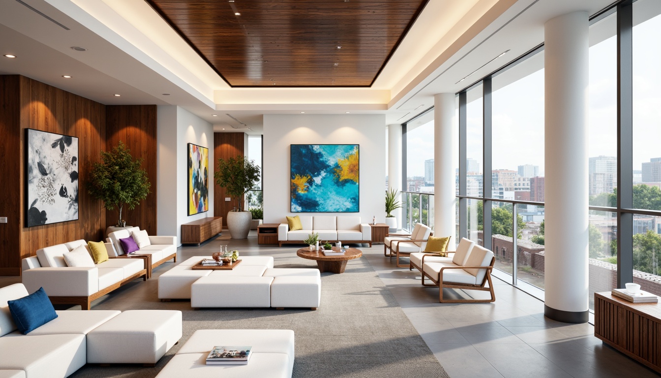 Prompt: Vibrant modern interior, streamline architecture, glossy white walls, polished chrome accents, rich wood tones, geometric patterns, bold colorful art pieces, sleek minimalistic furniture, floor-to-ceiling windows, abundant natural light, urban cityscape views, soft warm lighting, shallow depth of field, 3/4 composition, panoramic view, realistic textures, ambient occlusion.