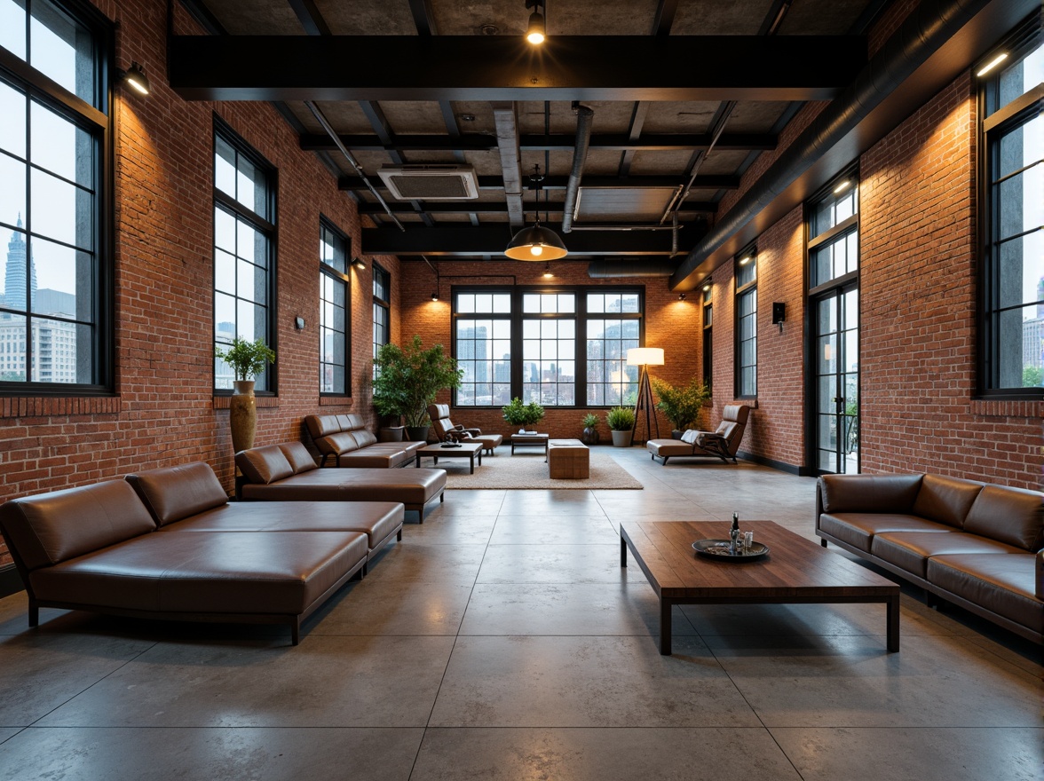 Prompt: Industrial chic loft, exposed brick walls, polished concrete floors, minimalist decor, modern streamline furniture, sleek metal accents, LED strip lights, pendant lamps, recessed lighting, floor-to-ceiling windows, cityscape views, natural daylight, soft warm glow, ambient shadows, 1/2 composition, atmospheric perspective, realistic reflections, subtle color palette.