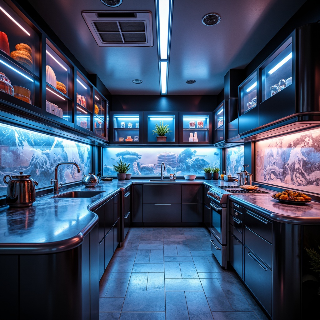 Prompt: Futuristic kitchen interior, sleek metallic countertops, iridescent glass surfaces, holographic displays, neon-lit ambient lighting, minimalist cabinets, robotic arms, automated cooking systems, space-age appliances, gleaming chrome accents, high-gloss finishes, curvaceous lines, dynamic shapes, kinetic patterns, 3D-printed designs, LED-backlit shelves, atmospheric misting, futuristic utensils, avant-garde color schemes, cyberpunk-inspired decor.