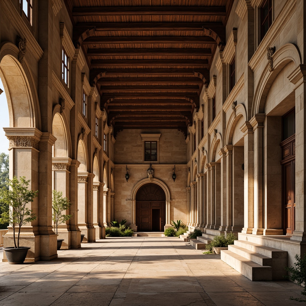 Prompt: Renaissance-inspired fa\u00e7ade, ornate stone carvings, grand entranceways, symmetrical arches, classical columns, intricate moldings, decorative cornices, rustic brickwork, earthy tone color palette, warm golden lighting, soft focus, shallow depth of field, 2/3 composition, subtle textures, ambient occlusion.