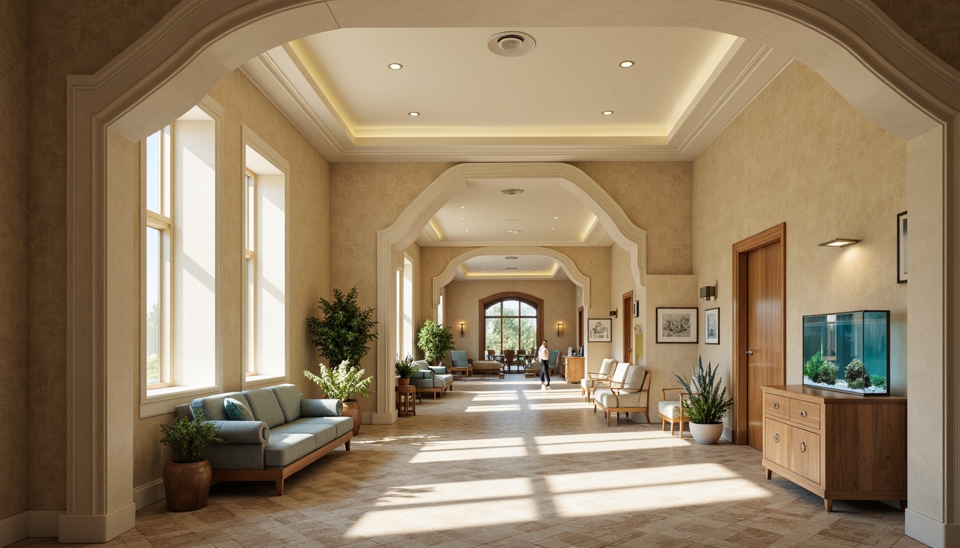 Prompt: Warm beige walls, soothing cream accents, rich wood tones, calming blue hues, gentle greenery, soft natural light, elegant archways, classic columns, ornate moldings, comfortable waiting areas, plush furniture upholstery, subtle patterned flooring, serene water features, peaceful aquariums, calming artwork, traditional hospital signage, warm recessed lighting, shallow depth of field, 1/2 composition, harmonious color balance.