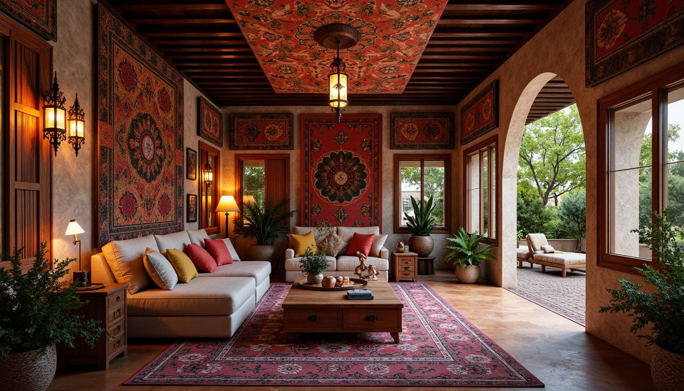 Prompt: Rich cultural heritage, luxurious traditional fabrics, vibrant colored patterns, intricate embroidery, ornate tapestries, plush pile rugs, warm inviting ambiance, cozy seating areas, rustic wooden accents, ornamental lanterns, soft warm lighting, shallow depth of field, 3/4 composition, realistic textures, ambient occlusion, authentic Moroccan tiles, lavish Ottoman-inspired furnishings, exotic Middle Eastern motifs.