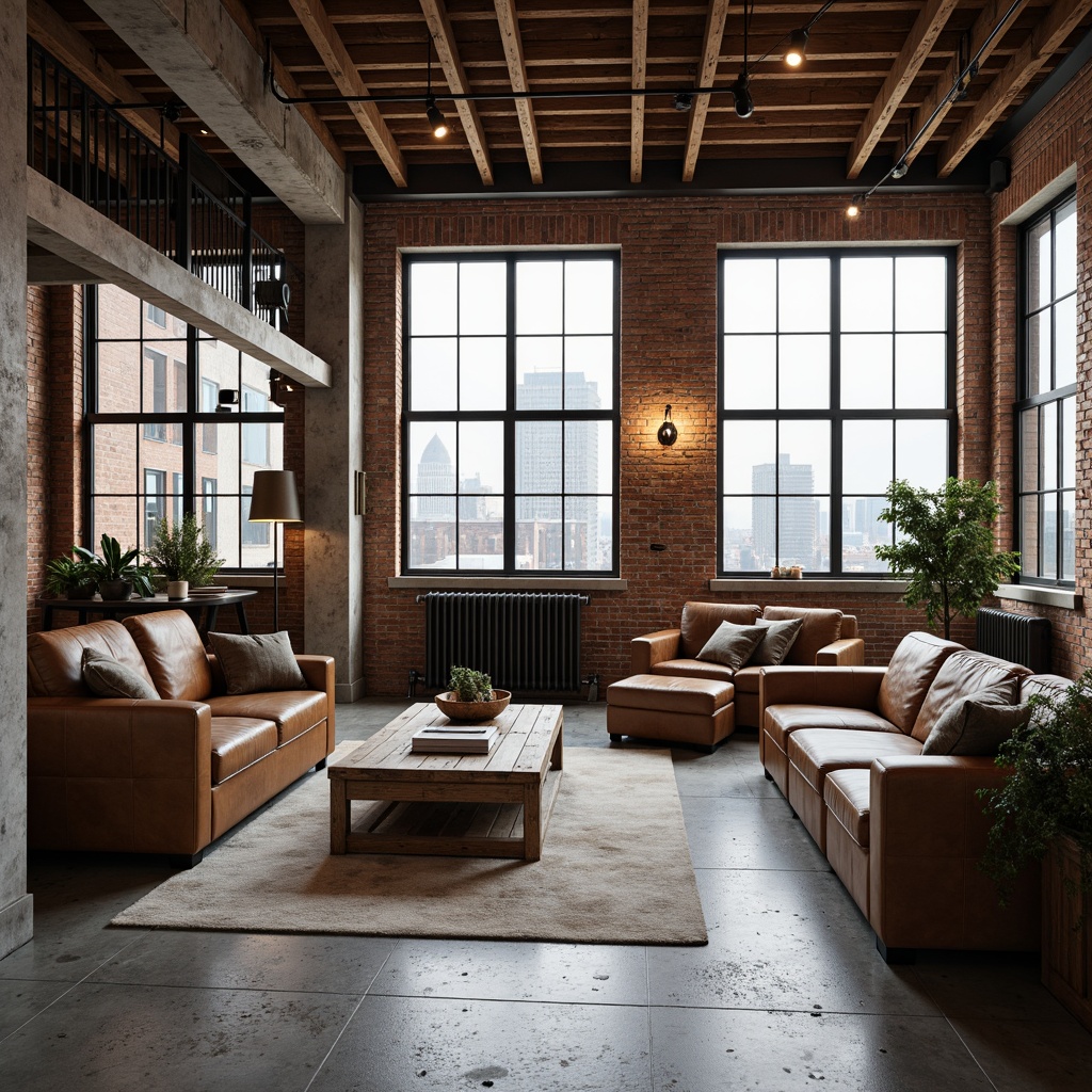 Prompt: Industrial loft space, classic brick walls, wooden beams, metal columns, polished concrete floors, vintage furniture pieces, distressed leather sofas, reclaimed wood coffee tables, industrial metal lighting fixtures, Edison bulb pendant lights, minimalist decor, neutral color palette, natural textiles, urban cityscape views, large windows, soft diffused light, shallow depth of field, 2/3 composition, realistic textures, ambient occlusion.