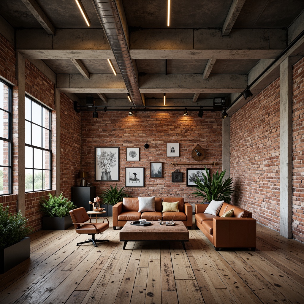 Prompt: Exposed brick walls, metal beams, reclaimed wood flooring, industrial-style lighting fixtures, distressed leather sofas, urban loft atmosphere, vintage factory decor, exposed ductwork, concrete ceilings, minimalist color palette, functional decorative accents, Edison bulb pendants, steel framed windows, rugged natural textures, eclectic art pieces, modern industrial chic aesthetic, high ceilings, open floor plan, abundant natural light, airy sense of space.