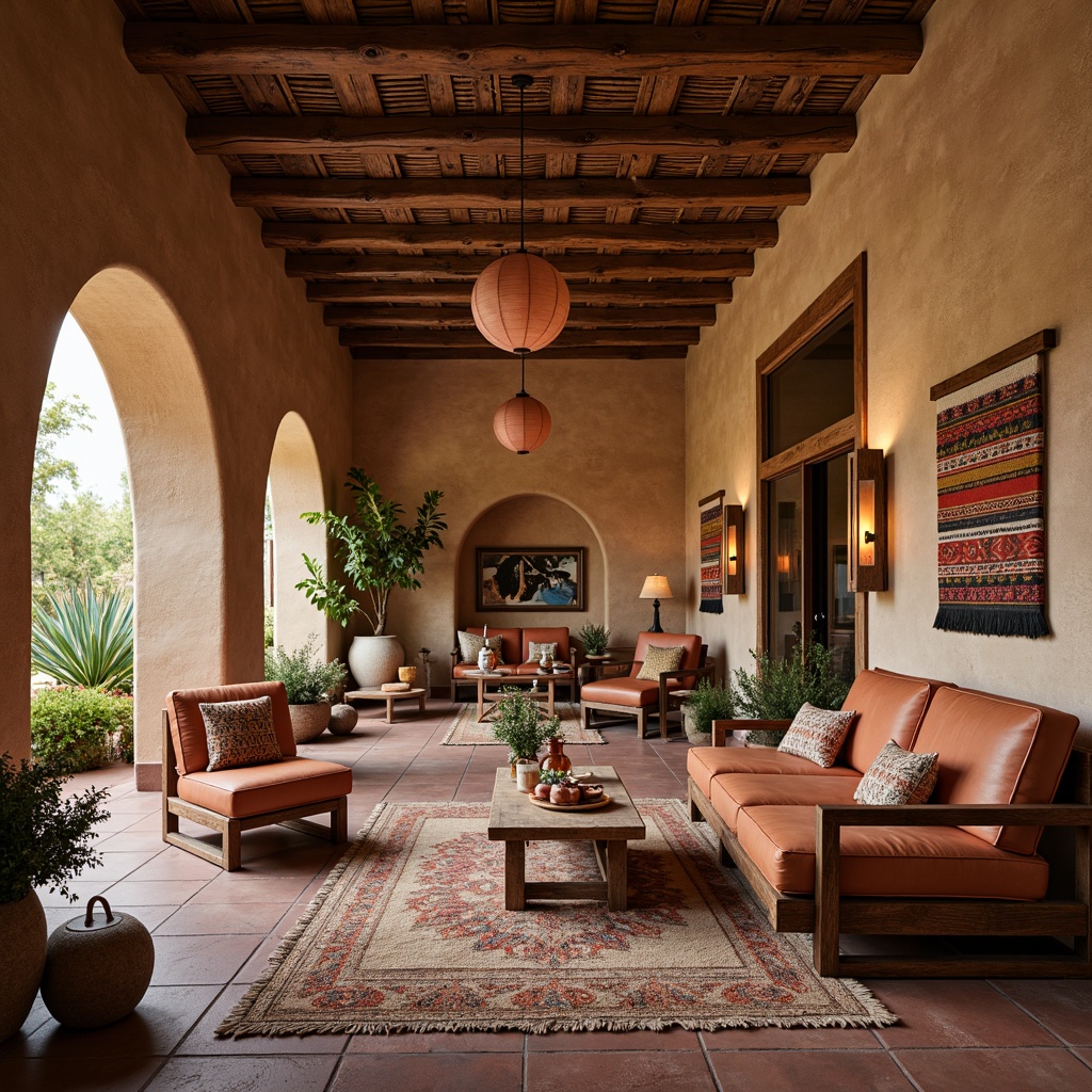 Prompt: Vibrant Southwestern interior, adobe-inspired architecture, earthy tones, natural textures, rustic wooden beams, stucco walls, terracotta floors, woven tapestries, colorful Aztec patterns, geometric motifs, distressed leather furniture, pendant lanterns, warm candlelight, cozy nooks, plush area rugs, lush greenery, desert flora, cacti, sandy hues, soft warm lighting, shallow depth of field, 3/4 composition, realistic textures, ambient occlusion.