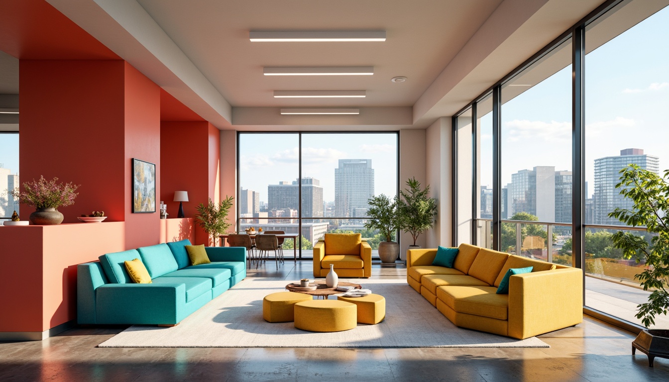 Prompt: Vibrant modern space, sleek lines, metallic accents, polished concrete floors, minimalist decor, floor-to-ceiling windows, natural light pouring in, bold color scheme, bright coral walls, deep turquoise furniture, sunny yellow accents, crisp white ceilings, geometric patterns, urban cityscape views, warm afternoon lighting, shallow depth of field, 2/3 composition, realistic textures, ambient occlusion.