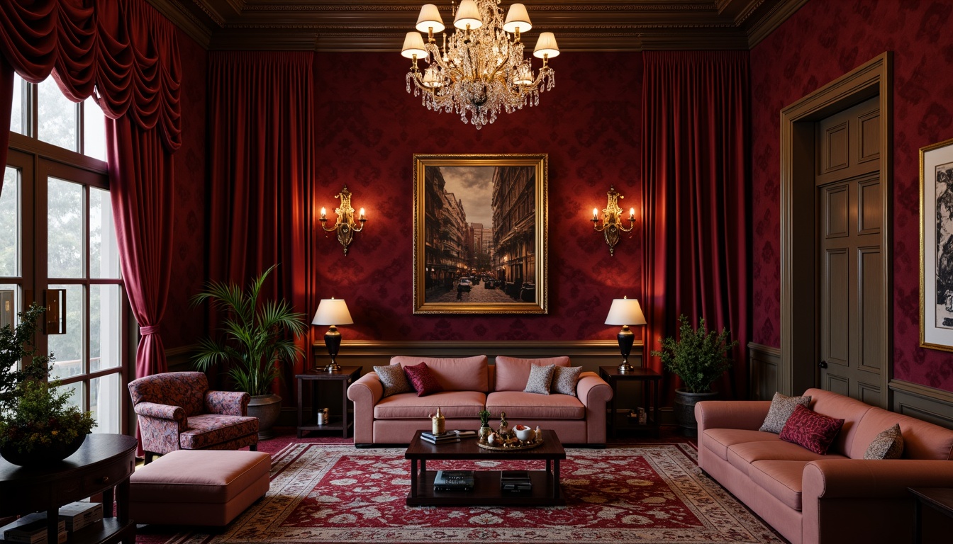 Prompt: Rich maroon walls, luxurious velvet fabrics, ornate gold accents, lavish crystal chandeliers, sophisticated dark wood furniture, opulent patterned rugs, dramatic high ceilings, warm ambient lighting, 1/1 composition, shallow depth of field, realistic textures, soft focus effect.