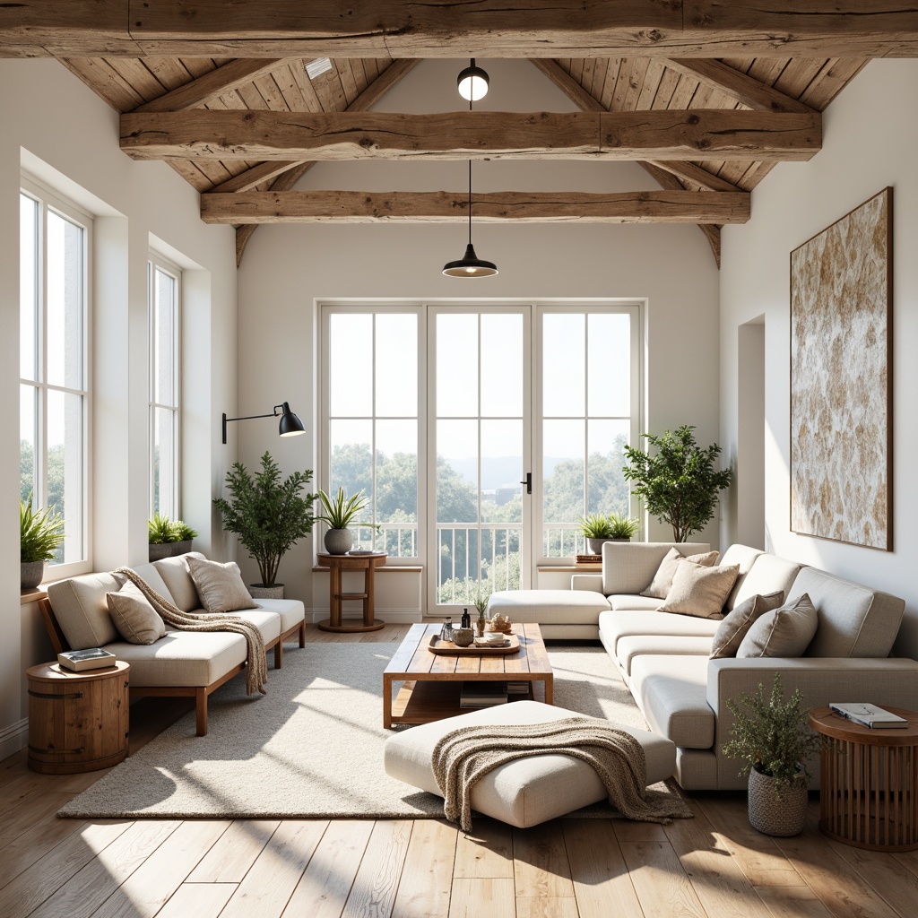 Prompt: Cozy Scandinavian living room, large windows, soft natural light, pale wood flooring, minimalist decor, white walls, vaulted ceilings, rustic wooden beams, woven textiles, comfortable sofas, plush throw blankets, greenery plants, industrial metal lamps, subtle Nordic patterns, warm beige tones, inviting atmosphere, 1/2 composition, shallow depth of field, softbox lighting, realistic fabric textures.