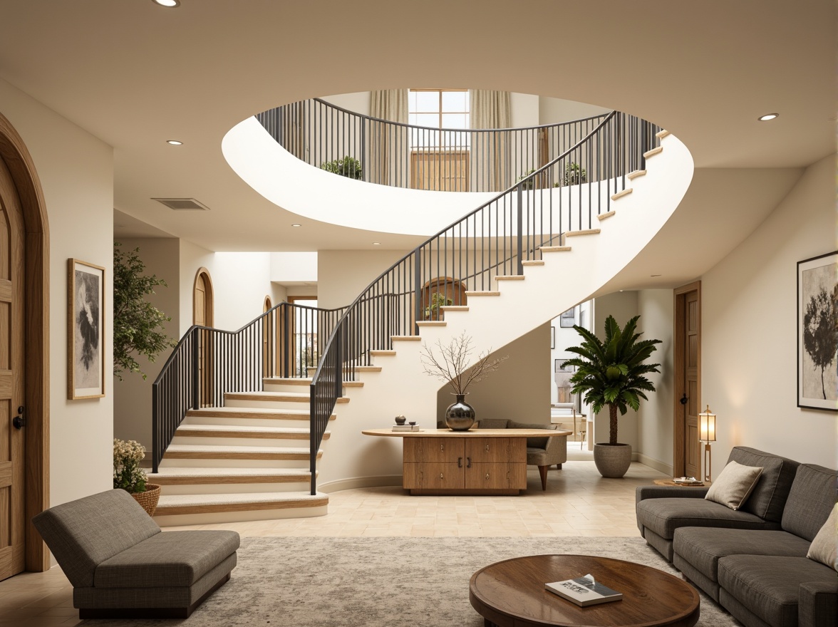 Prompt: Sweeping staircase, fluid curves, elegant banisters, polished metal railings, wooden steps, soft warm lighting, shallow depth of field, 3/4 composition, panoramic view, realistic textures, ambient occlusion, luxurious residential interior, high-end modern architecture, spacious open-plan living area, minimalist decor, statement chandelier, plush carpeting, cream-colored walls, subtle color palette.