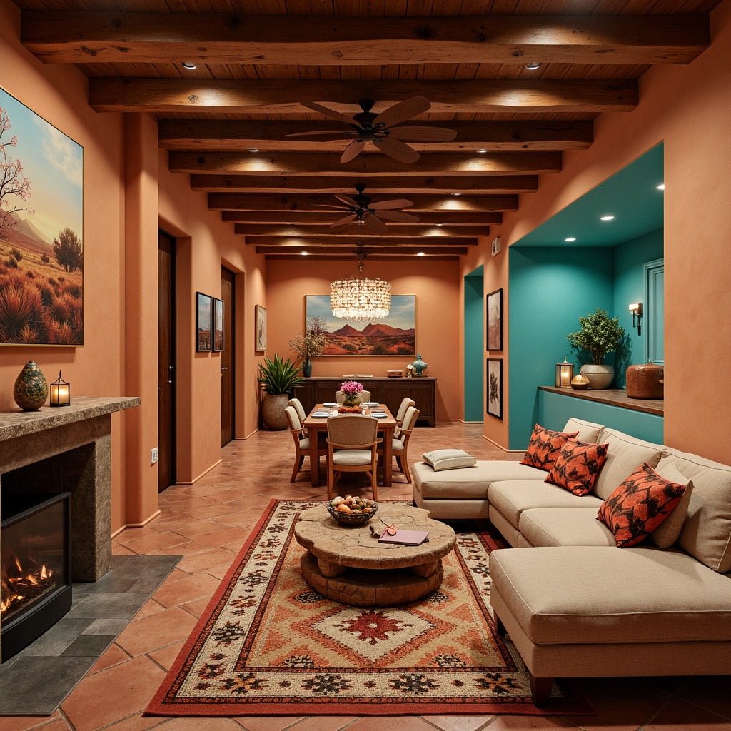 Prompt: Southwestern-inspired basement, earthy tone walls, warm terracotta flooring, vibrant turquoise accents, woven Native American patterns, plush area rugs, rustic wooden furniture, natural fiber upholstery, geometric-shaped tiles, bold colorful textiles, statement lighting fixtures, cozy reading nooks, desert landscape artwork, warm ambient lighting, shallow depth of field, 1/1 composition, realistic textures, ambient occlusion.