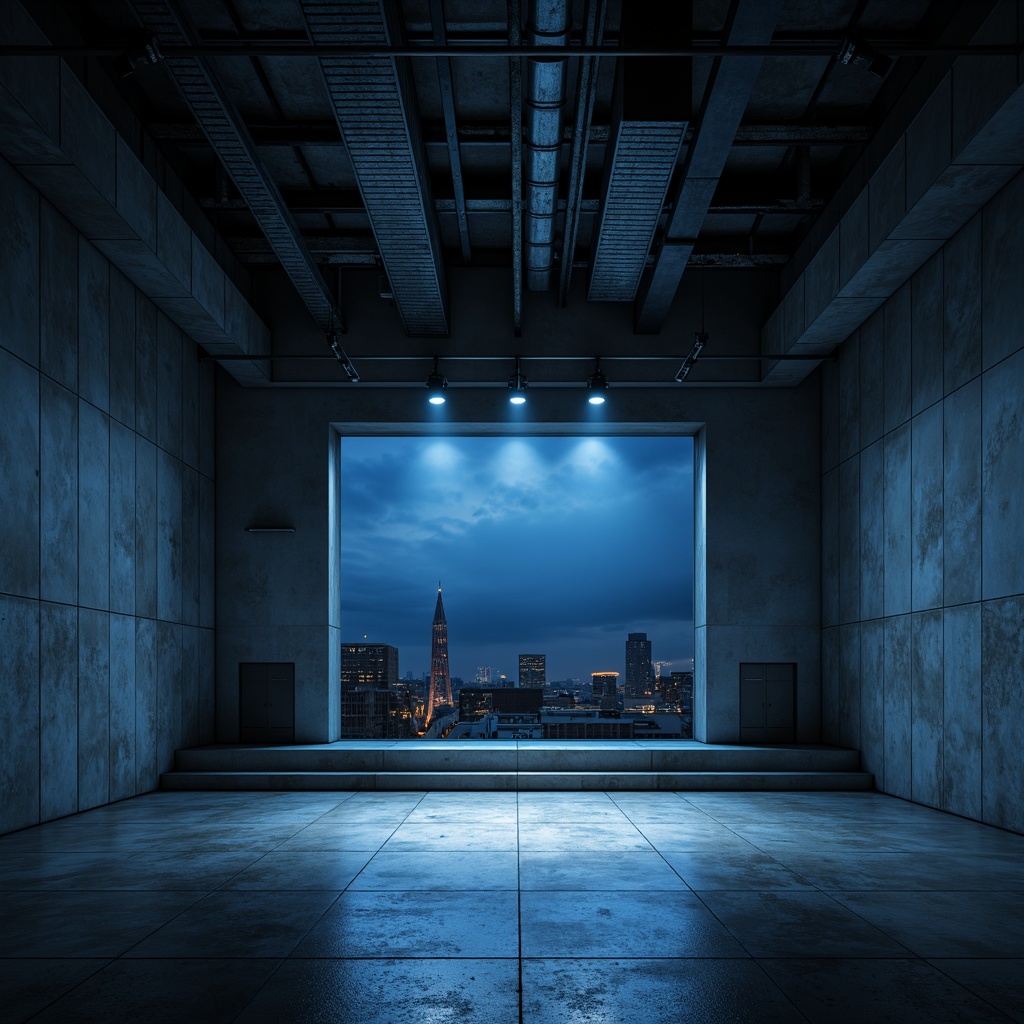 Prompt: Harsh concrete walls, exposed ductwork, industrial lighting fixtures, raw steel beams, minimalist stage design, dramatic spotlights, high-contrast shadows, bold geometric shapes, cold blue tones, urban cityscape views, evening atmosphere, low-key ambient lighting, 1/1 composition, symmetrical framing, strong architectural lines, brutalist aesthetics, functional simplicity, utilitarian design ethos.